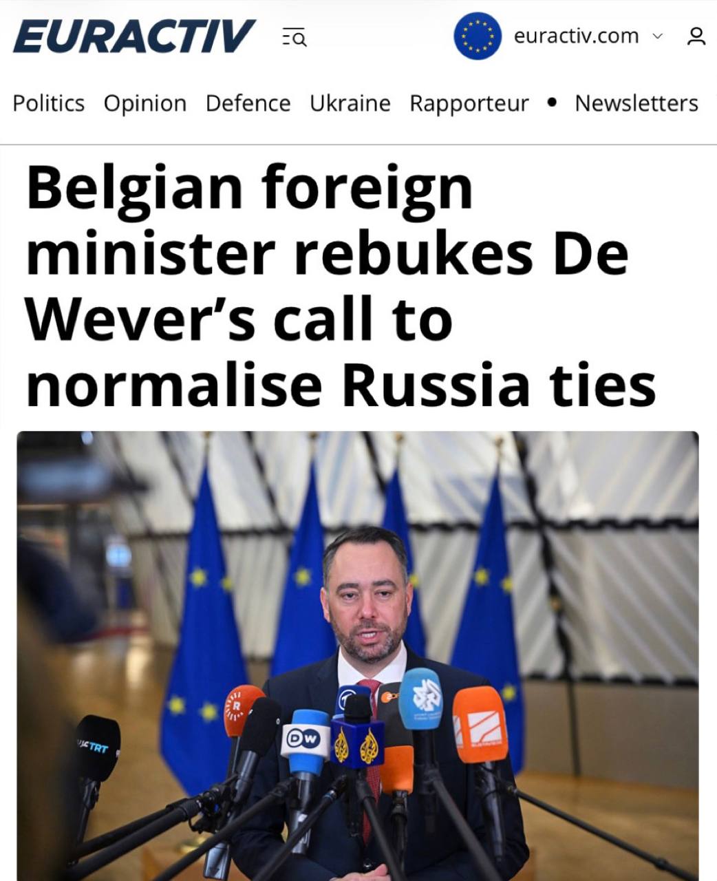 «Бельгийский министр иностранных дел осудил призыв Де Вевера к нормализации отношений с Россией»: Глава МИД одернул собственного премьера