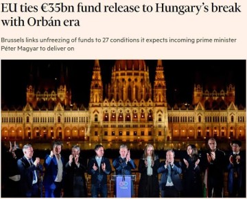 Роман Насонов: Не успели выбрать, а ЕС уже выдвинул 27 условий для нового премьера Венгрии в обмен на размораживание для страны €35 млрд европейских субсидий, пишет The Financial Times