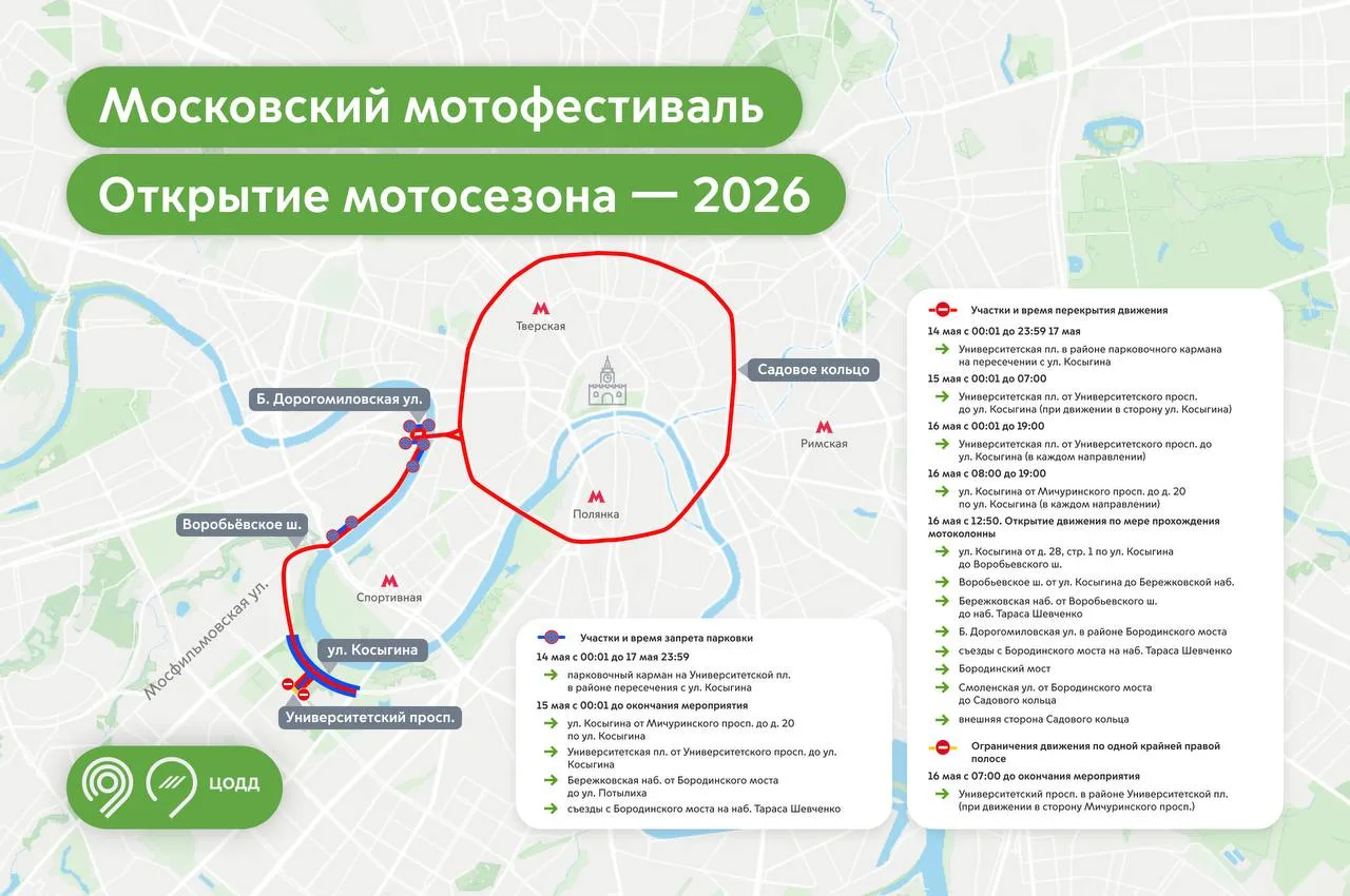 Садовое кольцо в Москве закроют для автомобилей с 12:50 16 мая для проведения мотофестиваля, сообщили в Дептрансе