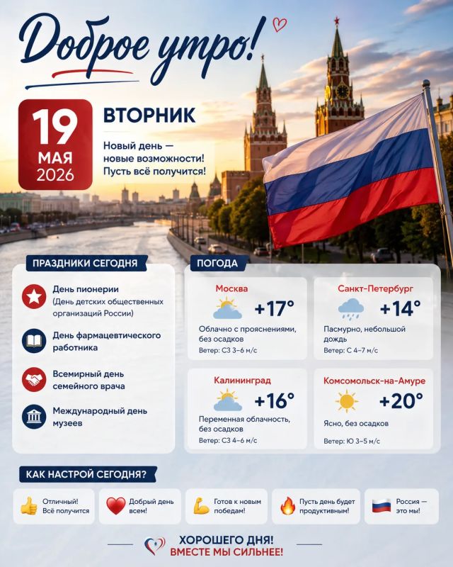 Доброе утро! Сегодня на календаре вторник, 19 мая