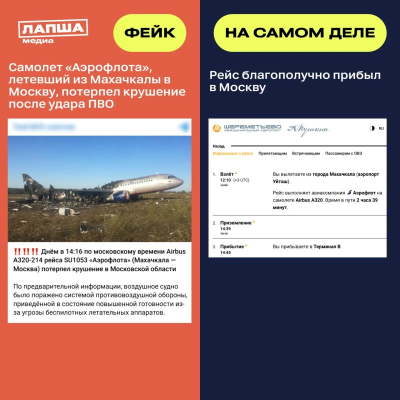 Самолет «Аэрофлота», летевший из Махачкалы в Москву, якобы потерпел крушение в Московской области после удара ПВО