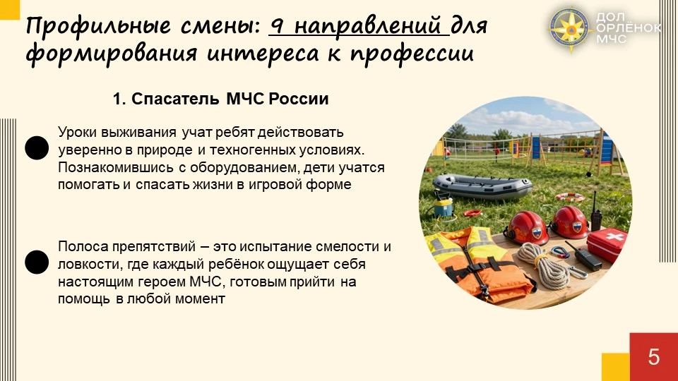 Лето с МЧС России. Детская оздоровительная кампания проводится в лагере «Орленок» на следующих площадках: 1 Лето с МЧС России. Детская оздоровительная кампания проводится в лагере «Орленок» на следующих площадках: 1