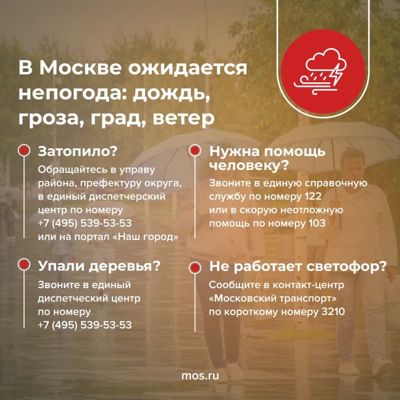 В ближайшие часы в Москве ожидается дождь, ветер, местами гроза, ливень и град