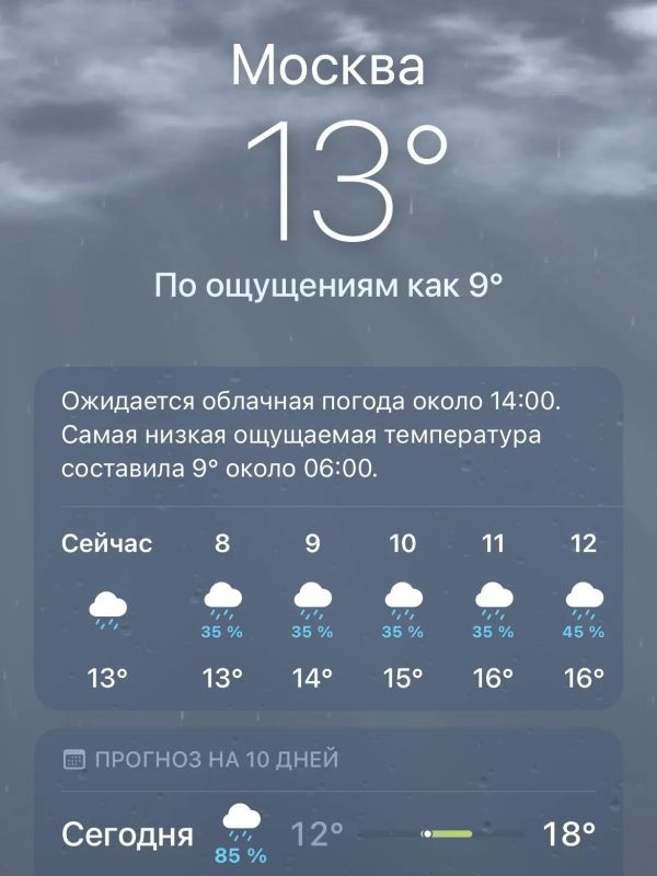 Ощущается как +9. В Москве 16 июня прохладно и дождливо