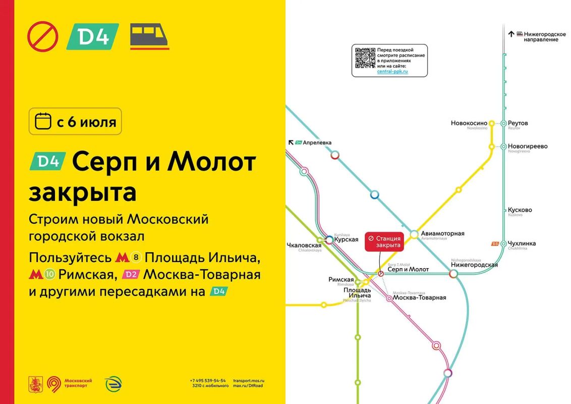 С 6 июля поезда МЦД-4 временно не будут останавливаться на станции Серп и Молот