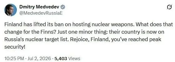 Финляндия попадёт на карту целей для российского ядерного оружия после снятия запрета на размещение у себя такового, заявил замглавы Совбеза России Дмитрий Медведев