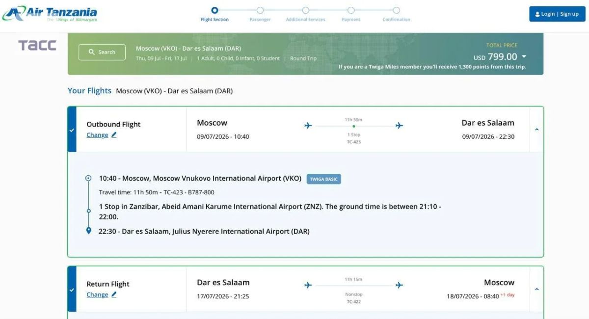 Стоимость билетов авиакомпании Air Tanzania из Москвы в Дар-эс-Салам и обратно начинается от $799 (примерно 62,5 тыс Стоимость билетов авиакомпании Air Tanzania из Москвы в Дар-эс-Салам и обратно начинается от $799 (примерно 62,5 тыс