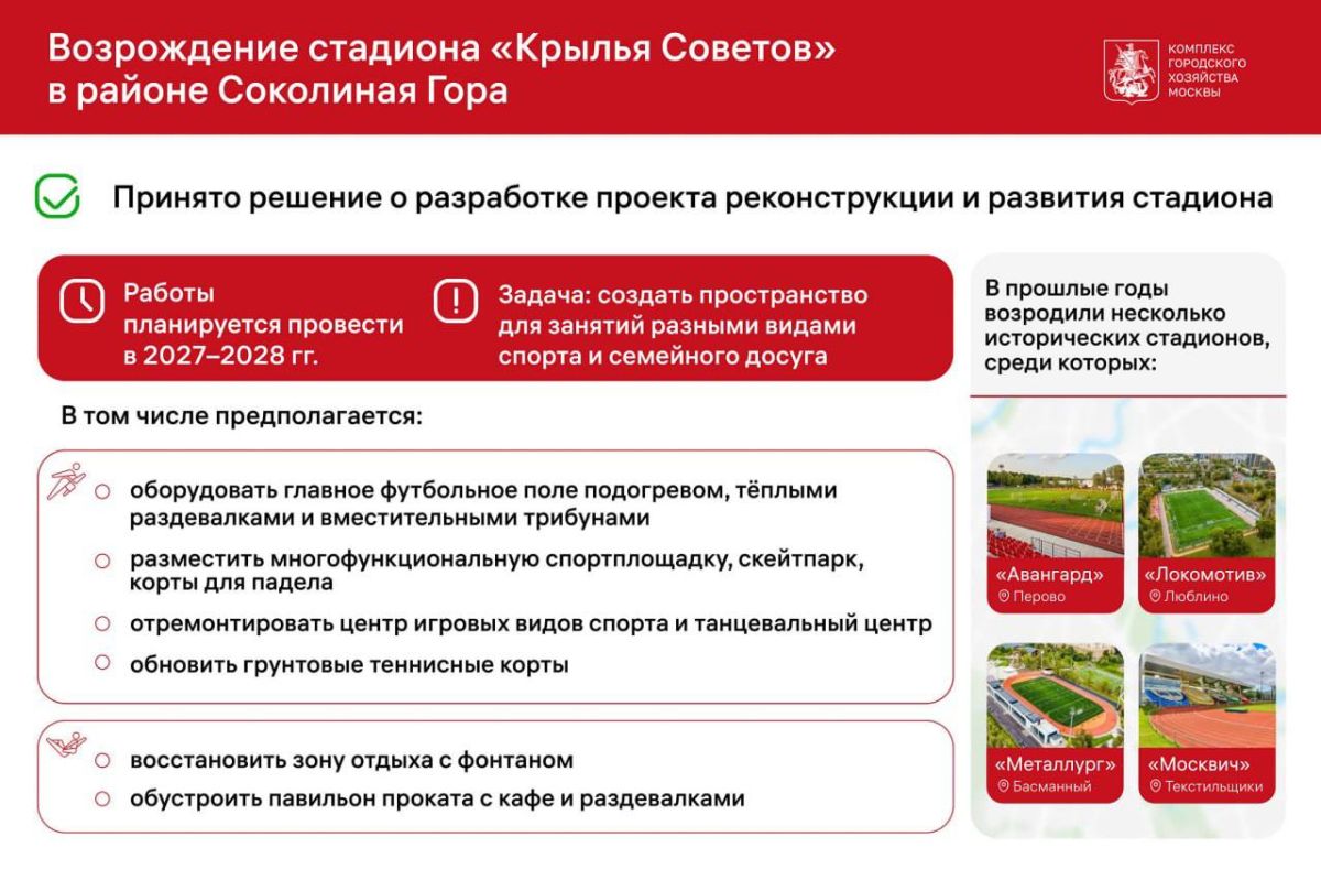 Исторический стадион «Крылья Советов» в районе Соколиная Гора реконструируют, сохранив при этом его спортивное назначение