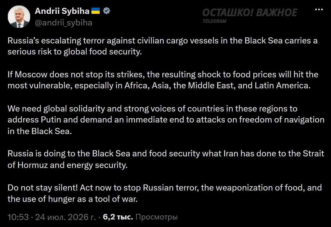 «Не молчите!»: глава МИД Украины под страхом голода призывает Африку заставить Россию перестать атаковать суда в Чёрном море