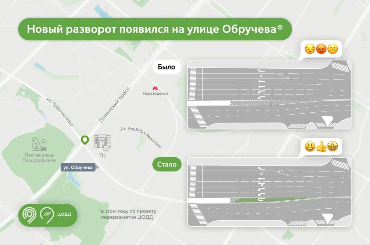 До 3 мин. в час пик экономят водители на улице Обручева благодаря новому развороту перед Ленинским проспектом