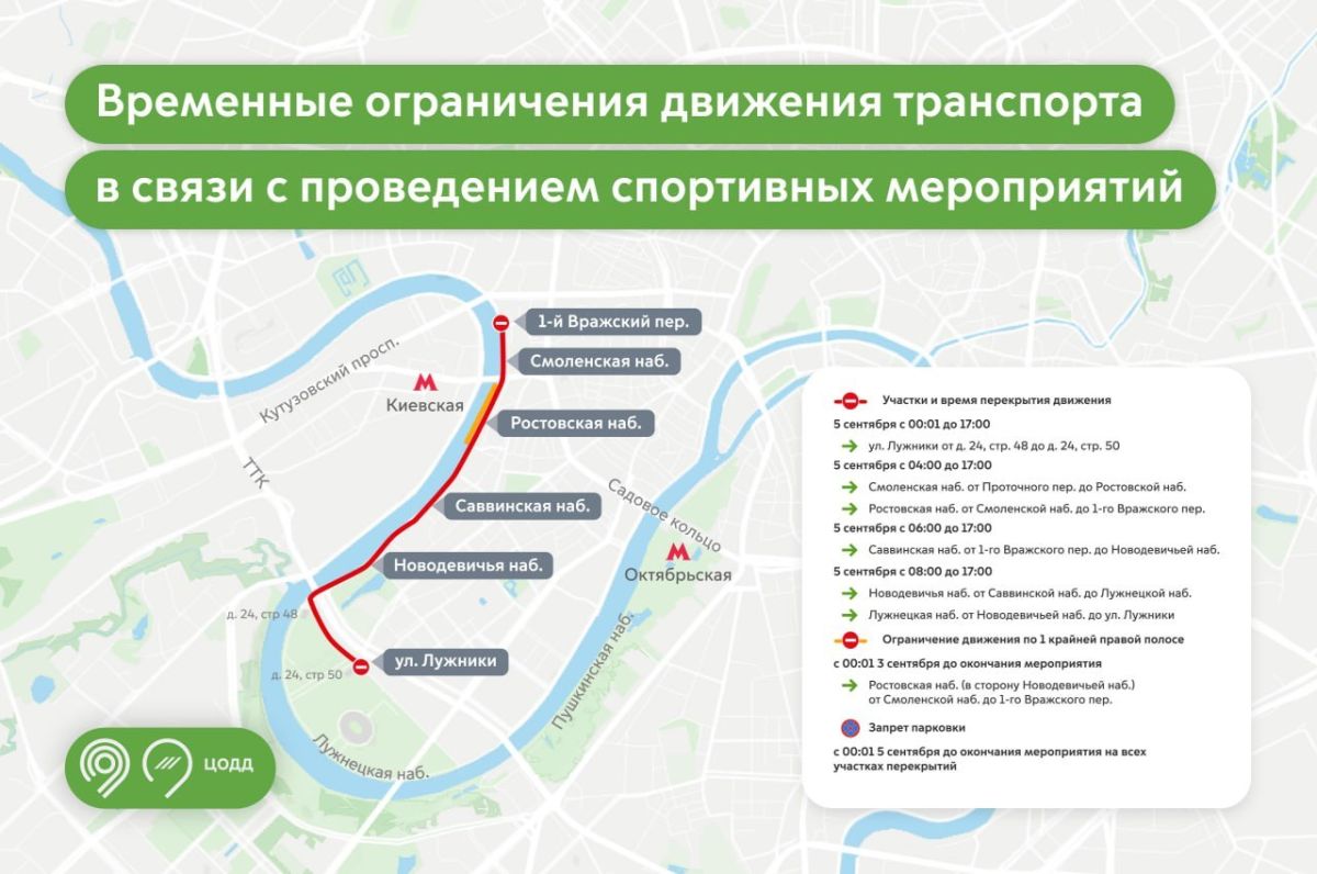 5 сентября в центре Москвы для автомобилей перекроют набережные