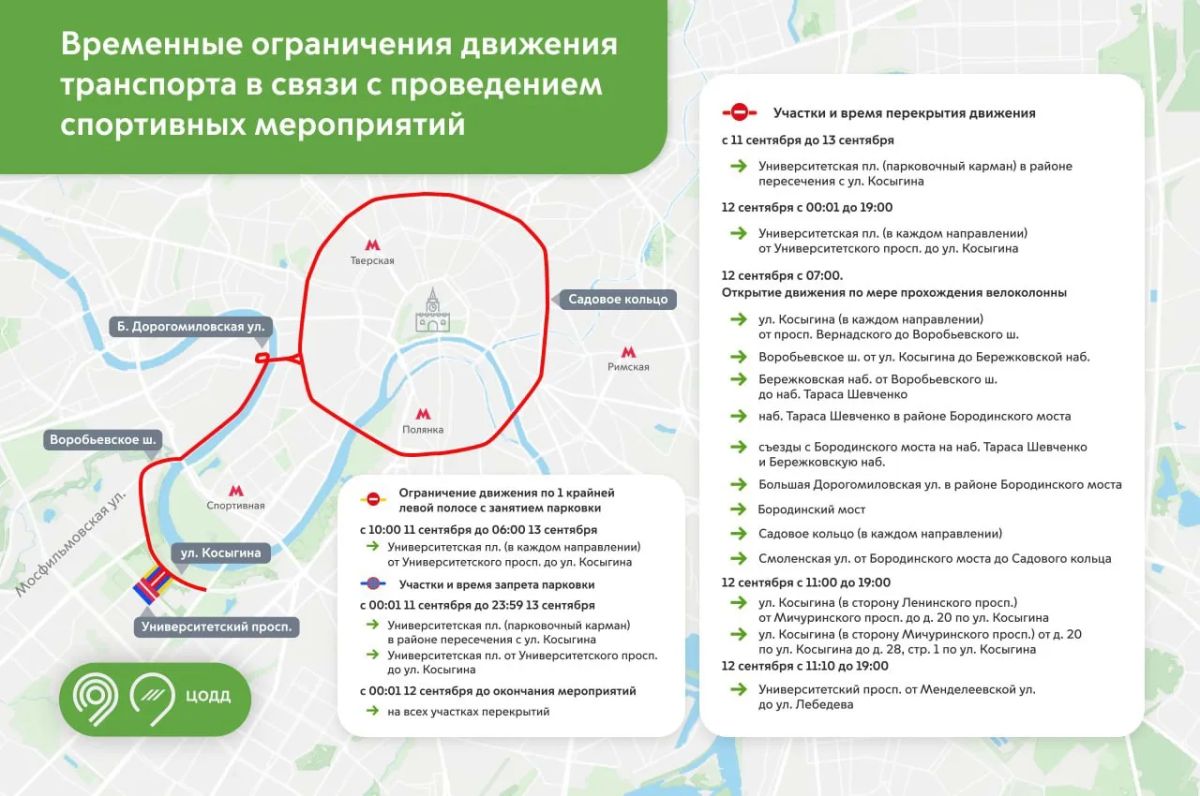 12 сентября будет временно закрыто движение для авто на Садовом кольце в связи с проведением Московского осеннего велофестиваля и велогонок «Россия» и «Москва»