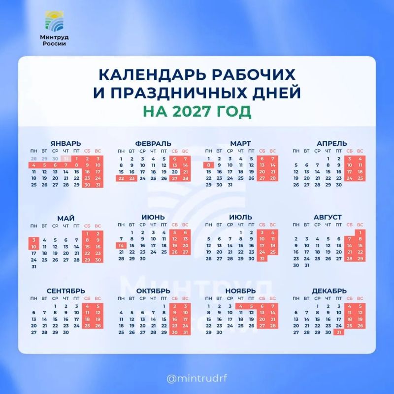 Первые и вторые майские праздники в 2027 году продлятся по три дня