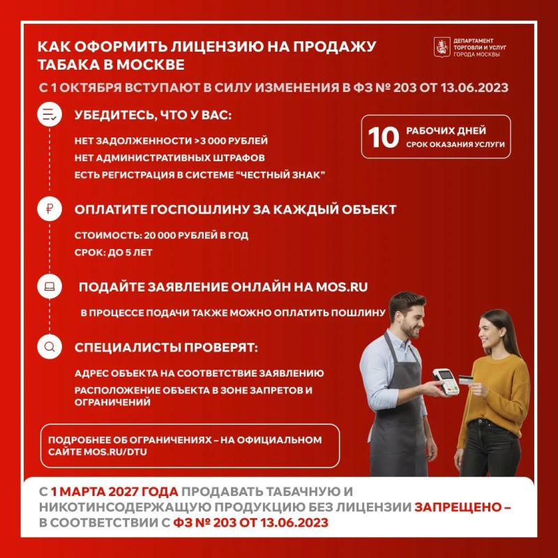 В соответствии с Федеральным законом № 203 вводятся новые правила продажи табачной и никотиносодержащей продукции – с 1 марта 2027 года ее реализация без лицензии будет запрещена