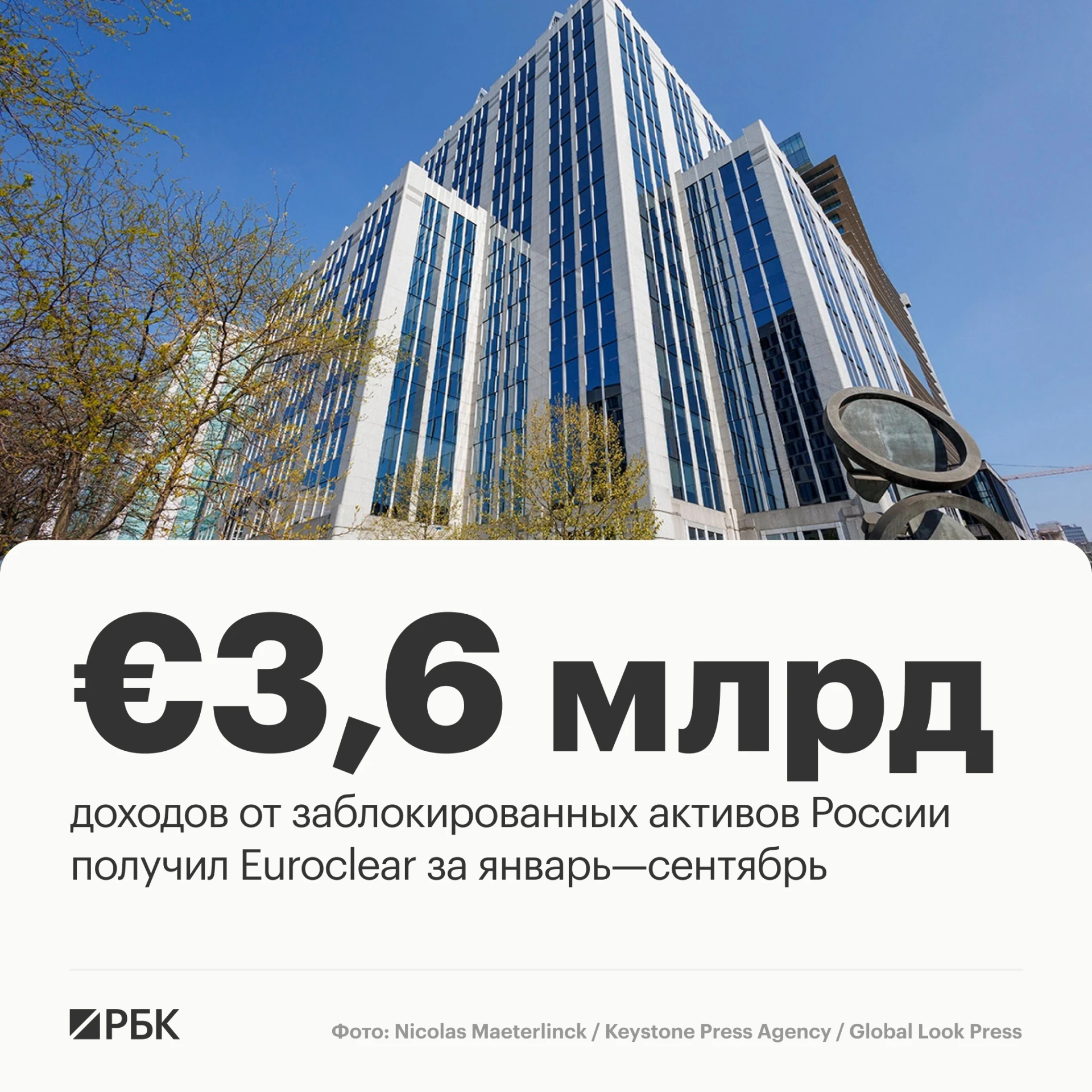 Бельгийский депозитарий Euroclear получил €3,6 млрд процентных доходов от замороженных российских активов за январь—сентябрь 2026 года, сказано в отчете компании